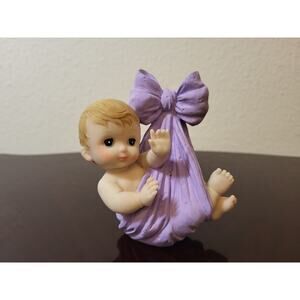 Bisque Babies Figurine Purple Lavender Bow Blanket Vintage For Baby Shower Decor